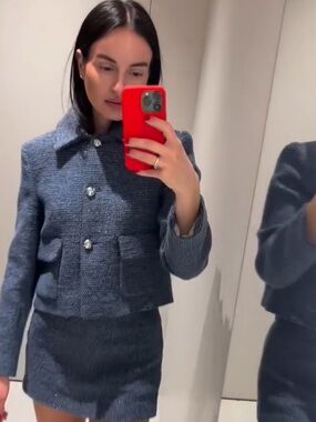 Zara Women's Blue Tweed Button-Front Jacket